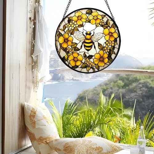 Bee Wreath Stained Glass Window Hanging Suncatcher Gifts for Women 15"