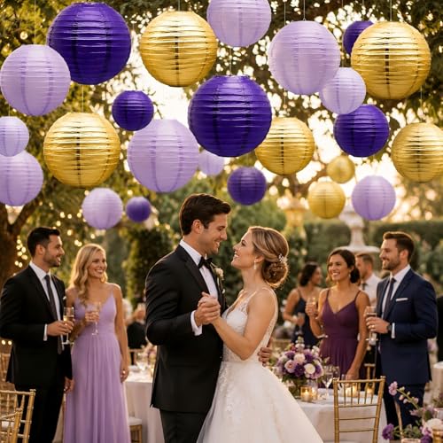 21 Pack Purple Gold Hanging Paper Lanterns Decorative (21 Count)