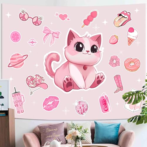 Y2K Tapestry Pink Cat Wall Tapestry