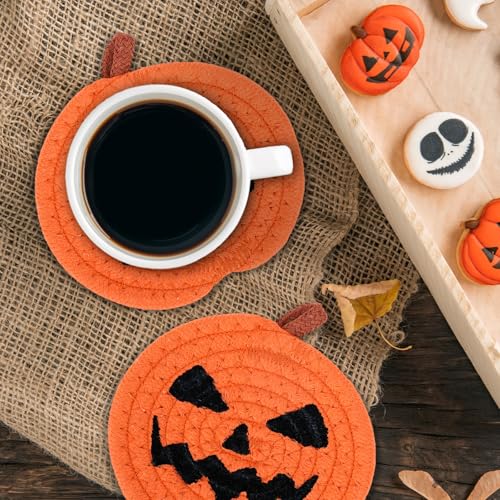 4Pcs Halloween Pumpkin Handmade Braided Cotton Coasters Orange Black Pumpkin Shape Drink Coasters Absorbent Cup Mat for Home Office Party Decor (4 Count)