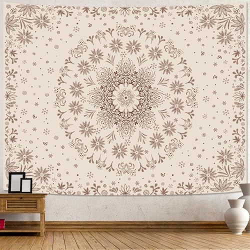 Boho Floral Mandala Tapestry Wall Hanging Bohemian Flower Medallion Tapestry Aesthetic Beige Brown Hippie Indian Small Tapestries for Bedroom Living Room Dorm Decor 48 x 36 Inch