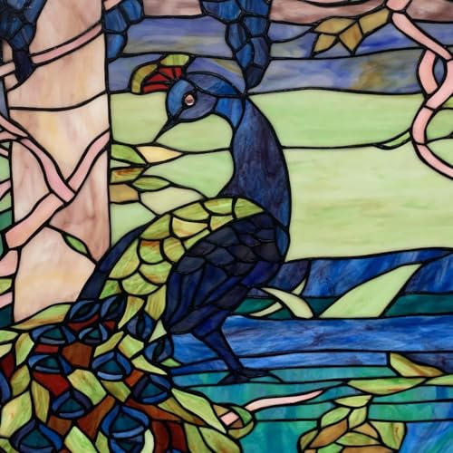W10094 Blue Peacock Tiffany Style Stained Glass Round Window Panel