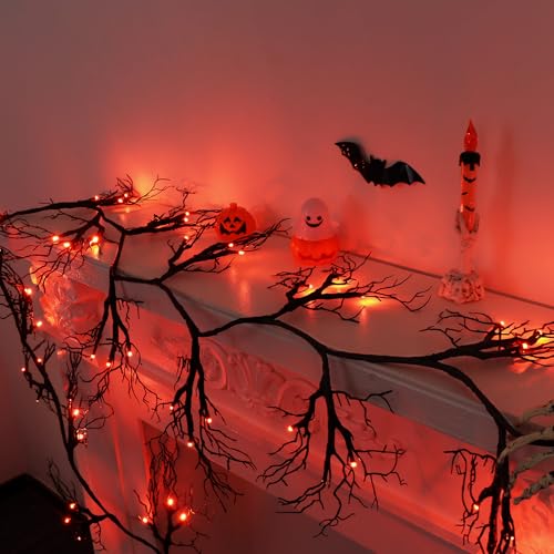 9 Ft 66 LED Willow Vine Twig Decor Black Halloween Garland with Orange Lights