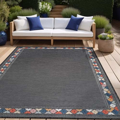 Outdoor Rug 9x12 Modern Bordered Large Area Rugs for Indoor and Outdoor Patio Easy to Clean Non Shedding Living Room Porch Garden Washable Outside Carpet
