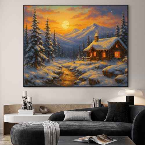 46"x60" Extra Large Framed Wall Art Cozy Cabin in Snowy Mountain Landscape at Sunset for Home Living Room Bedroom Decor