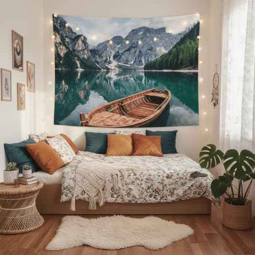 Nature Mountain Lake Boat Tapestry 48x36 Inch