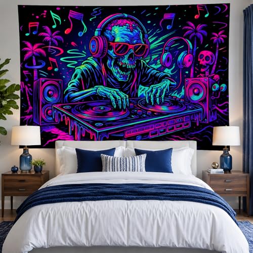 Blacklight Tapestry DJ Skeleton Bedroom Decor 78 x 59 Inch