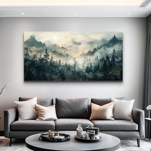 Misty Forest Wall Art Home Decor Mountain View Large Canvas Wall Painting Nature Landscape Painting For Living Room Bedroom Office Modern Printed Artwork Can Be Hung Directly 24x48 Inches