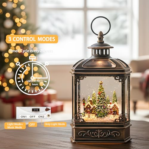 Christmas Village Snow Globe Lantern Musical Lighted Village House Water Lantern in Swirling Glitter