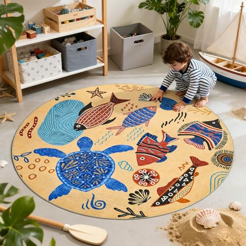 5ft Coastal Round Rug Washable Kids Rug Colorful Ocean Fish Mat Tan (19.63 Sq Ft)