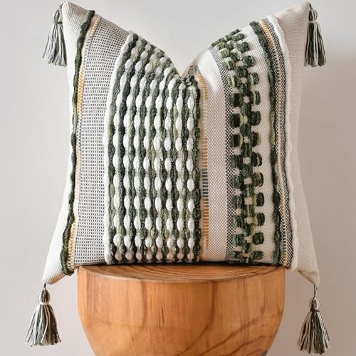 Chenille Striped Textured Boho Throw Pillow Covers Aesthetic with Tassels Woven Decorative Pillow Case for Couch Bed Sofa Bedroom Modern Funky 18 x 18