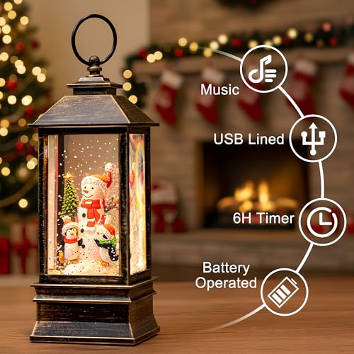 Christmas Snow Globe Water Lantern with Snowman and Penguin Scene Battery Operated or USB Powered Musical Lighted Holiday Decoration for Tabletop Display for Family and Friends