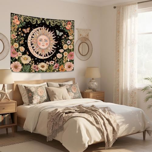 Boho Vintage Sun and Moon Hippie Floral Tapestry 48 x 36 Inch