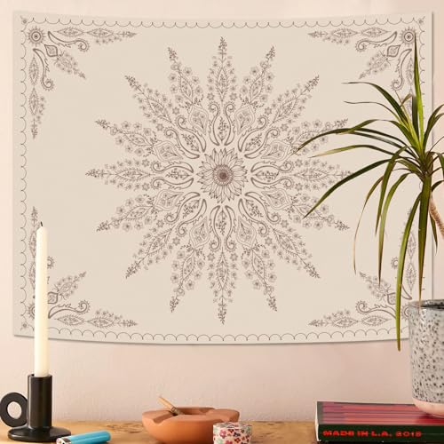 Boho Floral Mandala Tapestry for Bedroom Aesthetic Bohemian Flower Wall Tapestry Beige Hippie Indian Small Tapestries Wall Hanging for Living Room Dorm Decor 60 x 44 Inch