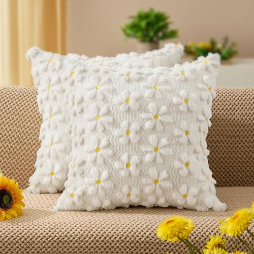 Spring Summer Pillow Covers 20x20 inch Set of 2 White Daisy (2 Count)
