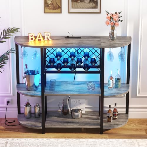 Rustic Walnut Industrial Bar Cabinet with LED Lights & Charging Station