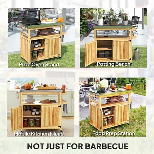 Outdoor Grill Cart with Wheels and Storage Natural Wood
