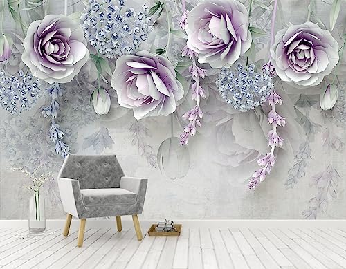 3D Floral Wallpaper Purple and Blue Roses Wall Mural for Bedroom (51.52 Sq Ft)