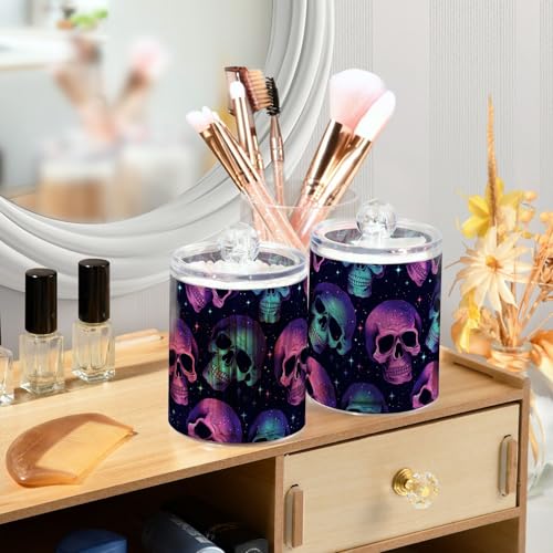 2 Pack Qtip Holder Organizer Dispenser Neon Skulls Bathroom Storage Canister Cotton Ball Holder Container for Cotton Pads (2 Count)
