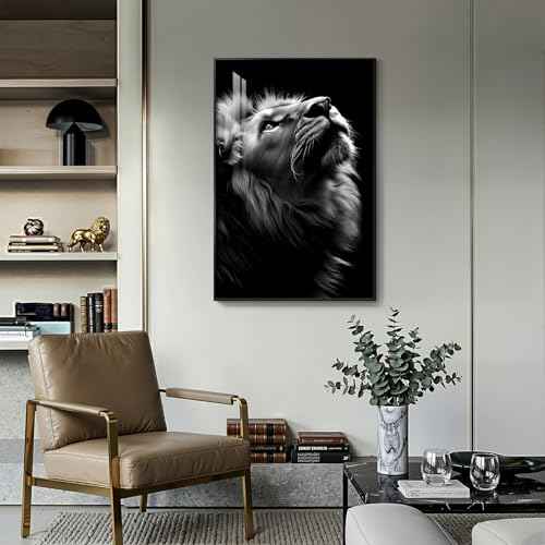 Framed Modern Black and Gray Lion Animal Wall Art