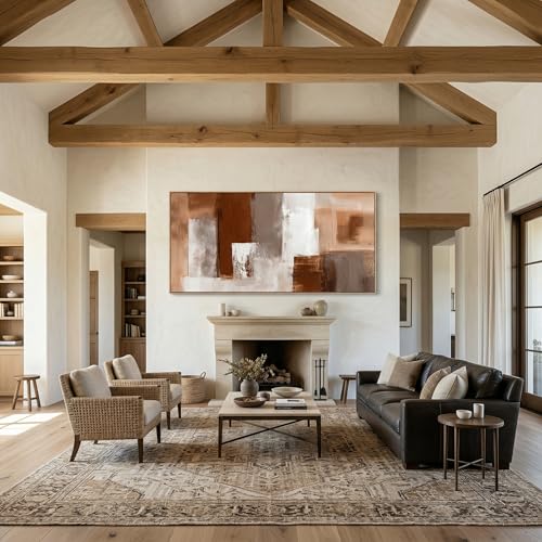 Large Abstract Wall Art 24x48 Inch Brown White Gray Framed Canvas Print Painting Modern Neutral Tone Artwork for Living Room Sofa Bedroom Waterproof & Fade Resistant Wood Frame Decor Ready to Hang