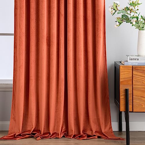 Fall Burnt Orange Velvet Blackout Curtains Pinch Pleat 52" Wx108 L (2 Count)