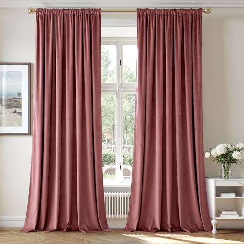 Dusty Rose Pink Velvet Room Darkening Curtains for Bedroom W66 x L96 (2 Count)