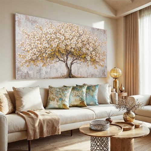 Canvas Wall Art Decor Gold Tree Of Life Large Wall Canvas Art For Living Room Pictures Wall Art Decor Prints Decorative Painting Artwork White Vintage Wall Art For Bedroom Office Room Wall Decor 24×48 In