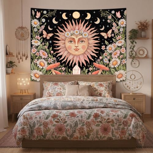 Boho Pink Sun Moon Phase Daisy Flower Floral Tapestry 60 x 44 Inch