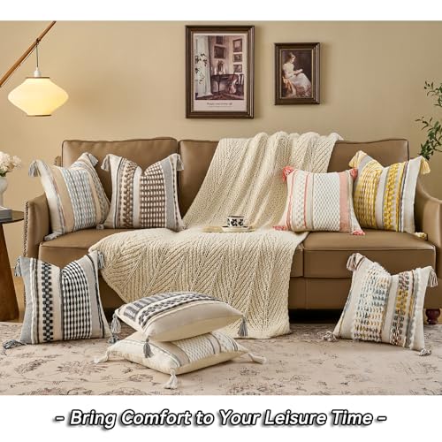 Chenille Striped Textured Boho Throw Pillow Covers Aesthetic with Tassels Woven Decorative Pillow Case for Couch Bed Sofa Bedroom Modern Funky 18 x 18