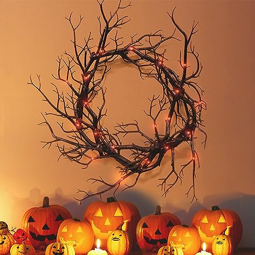 Halloween Black Branch Wreath Signs for Front Door with Red Lights