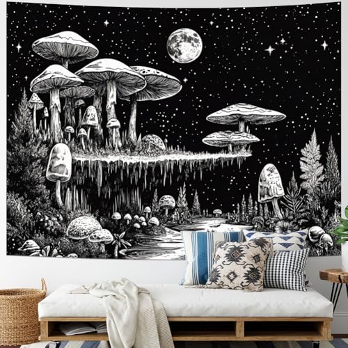 Black and White Mushroom Tapestry Fantasy Plant Floral Tapestries Moon Star Tapestries Starry Sky Tapestry Wall Hanging for Bedroom Decor