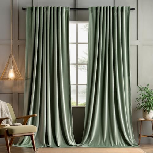 Sage Green Velvet Pinch Pleat Blackout Curtains W52 X L108 Inches (2 Count)