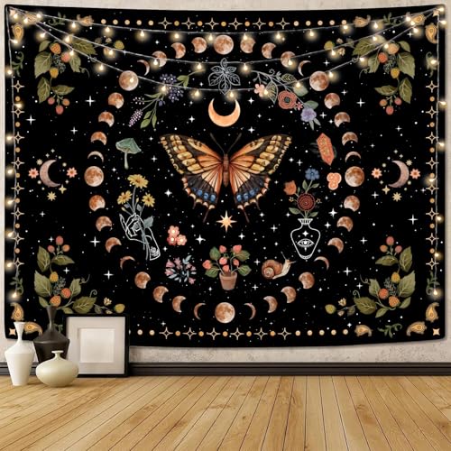 Yellow Butterfly Moon Flower Tapestry Botanical Floral Plant Boho Tapestry for Bedroom Aesthetic Vintage Tapestries Wall Hanging for Living Room Dorm