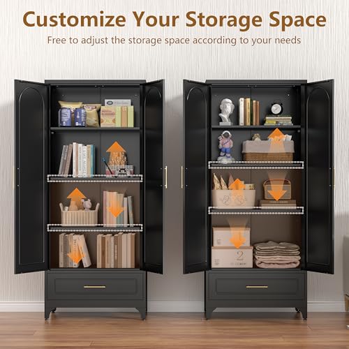 75" Tall Black Metal Pantry Storage Cabinet with 1 Drawer