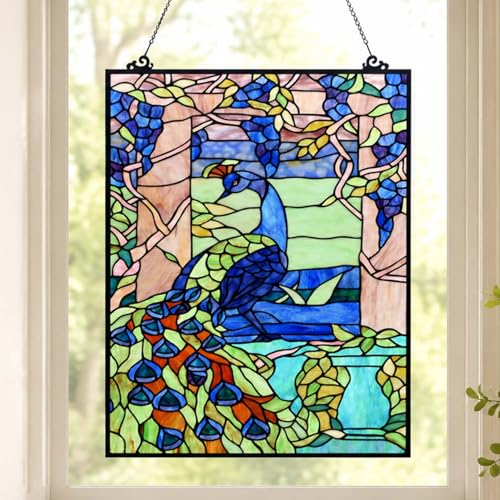 W10095 Blue Peacock Tiffany Style Stained Glass Window Panel