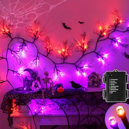 9 FT 66 LED Willow Vine Twig Decor Black Halloween Garland with Orange Purple Lights