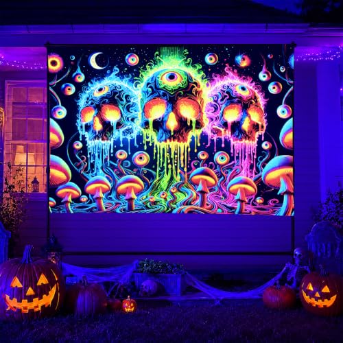 Blacklight Tapestry Skull Cosmic Room Wall Art 78 x 59 Inch