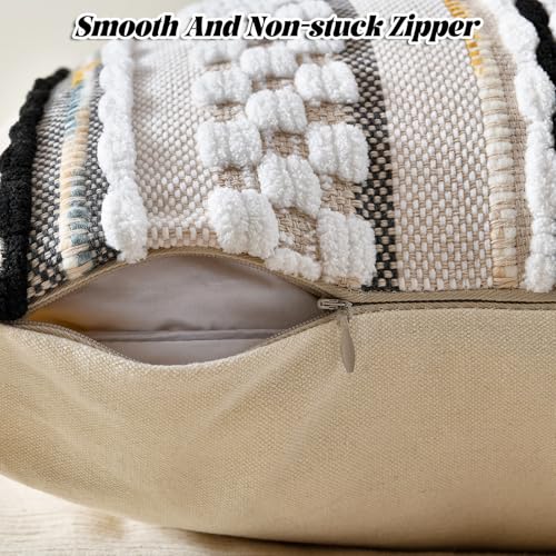 Set of 2 Chenille Striped Textured Boho Throw Pillow Covers Aesthetic with Tassels Woven Decorative Pillow Case for Couch Bed Sofa Bedroom Modern Funky 18 x 18 (2 Count)