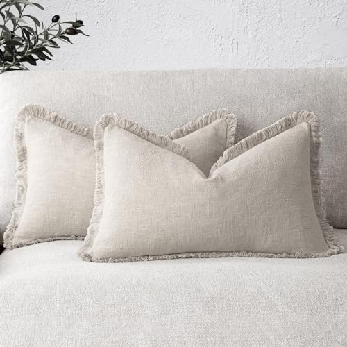 Boho Linen Fringe Lumbar Throw Pillow Covers 12×20 Natural Beige (2 Count)