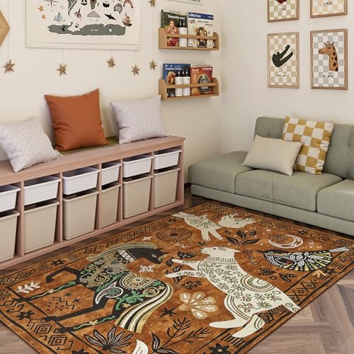 5x7 Cute Area Rug Kids Washable Fun Rug Earthy Brown Starlit Boho (35 Sq Ft)