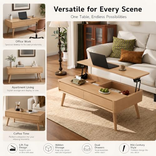 Solid Oak Wood Lift Top Coffee Table for Living Room