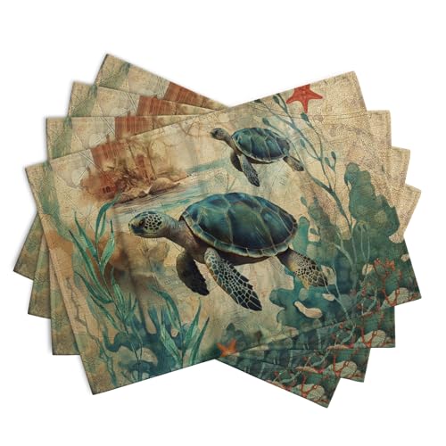 Sea Turtle Placemats Set of 4 Summer Beach Seasonal Linen Table Mats 12x18 Inch Vintage Ocean Animal Heat Resistant Washable Non (4 Count)