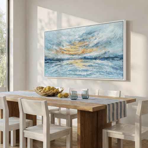 Extra Large Framed Blue Coastal Abstract Wall Art for Living Room