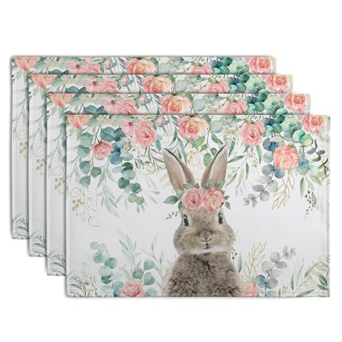 Easter Bunny Placemats Set of 4 Eucalyptus Leaves Rabbit Rose Place Mats 12x18 Inch Spring Seasonal Vintage Farmhouse Heat Resistant Washable Table Mats for Party Kitchen Dining (4 Count)