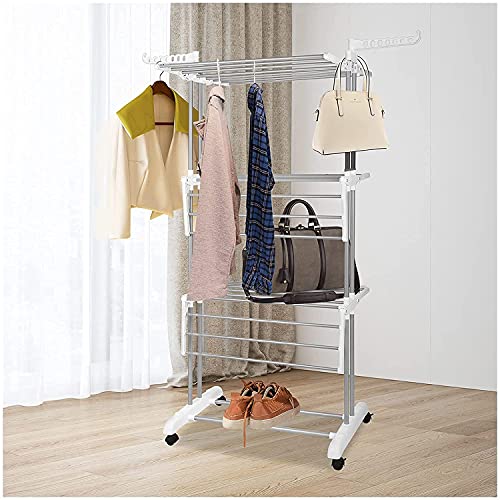 Clothes Drying Rack Folding with Wheels Drying Rack Clothing Clothes Horses Rack Stainless Steel Laundry Drying Rack with Two Side Wings 4 Tier Grey White
