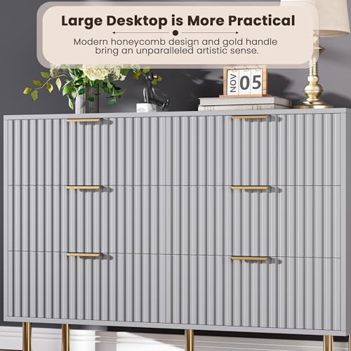 47.2" Fluted Grey 6 Drawer Dresser for Bedroom with Deep Drawers