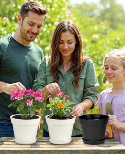 6 Inch Plastic Flower Pots with Drainage Holes and Trays (16 Count)