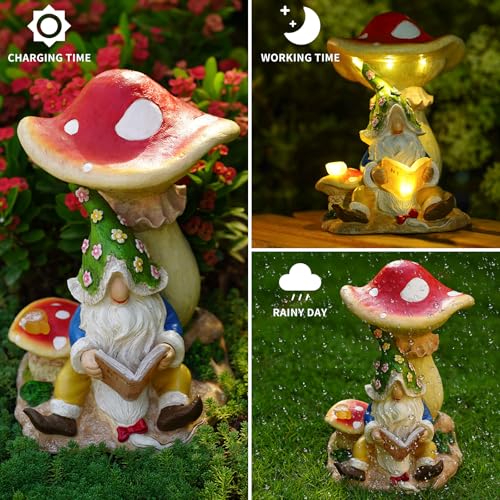 Solar Garden Outdoor Statues Gnome Reading Under Mushroom with 5 LED Lawn Decor Outside Decorations for Patio