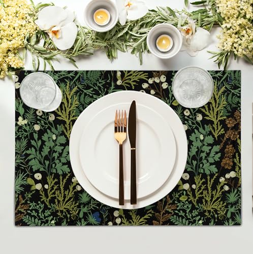 Black Sage Green Leaves Placemats Set of 4 Vintage Botanical Fern Leaf Floral Place Mats Farmhouse Heat Resistant Washable Kitchen Dining Linen Table Mats for Home Party Decor 12x18 Inch (4 Count)